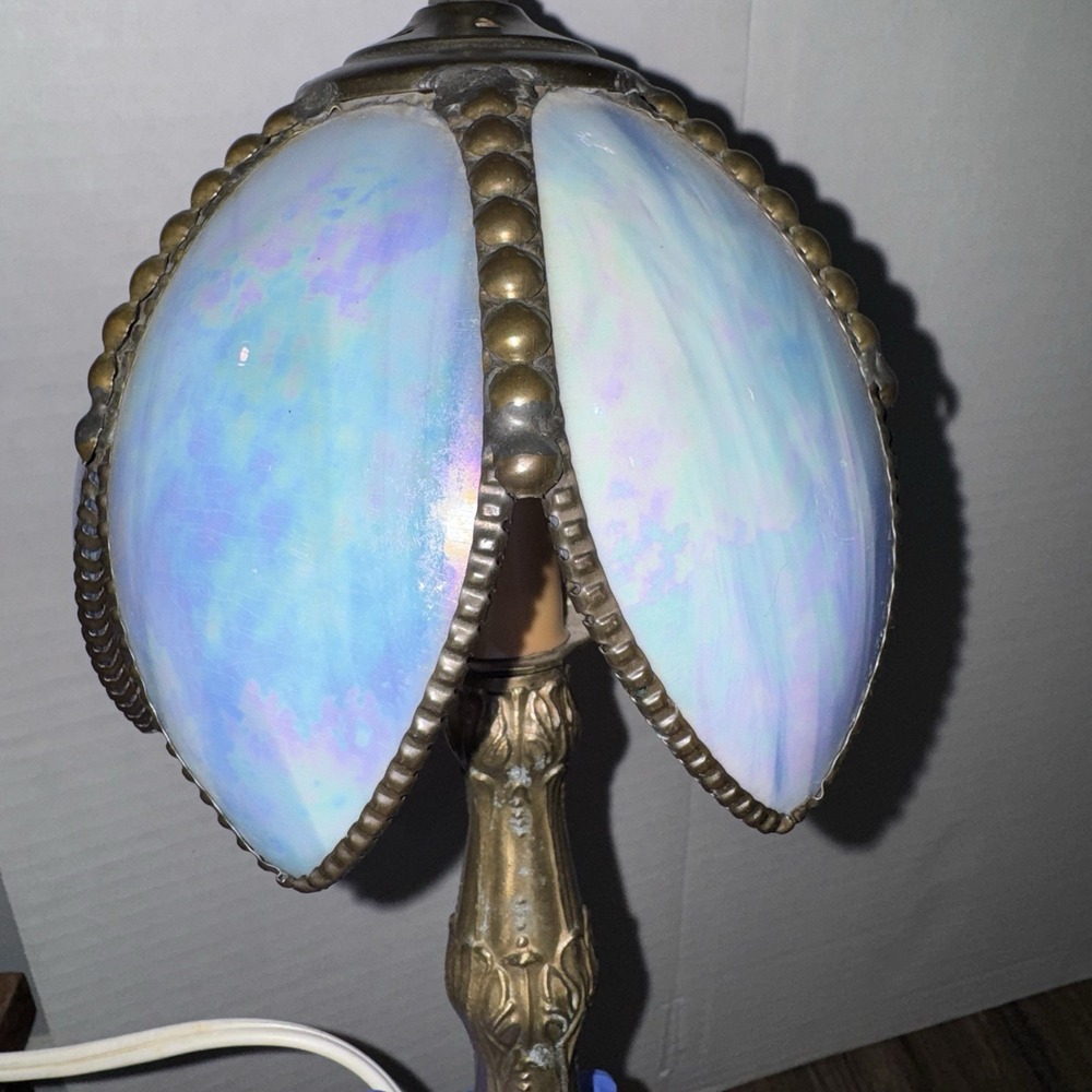 Vintage Meyda Tiffany Lighting 11.5" H Petal Bud Mini Lamp Blue Opal Brass - Picture 3 of 12